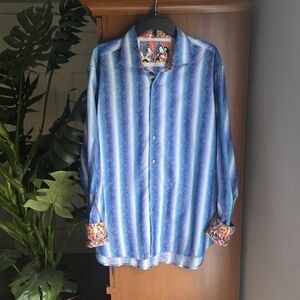 Robert Graham Endless Lagoon Samurai Spirit Blue Striped LS Shirt Mens 2XL